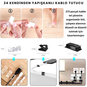 Polham 273 Parça Kablo Düzenleyici Organizer, Ev Ofis İçin Çok Fonksiyonlu Yanmaz Su Geçirmez Kablo Düzenleyici