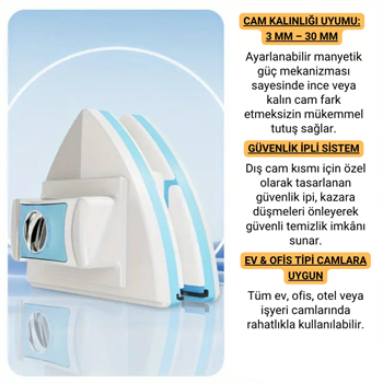 Polham 3-30 MM Çift Cam Uyumlu Ev ve Ofis Manyetik Cam Temizleyici, Çift Taraflı, Güvenli İpli Süper Etkili Cam Temizleyici