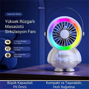 Polham 3 Kademeli Gece Lambalı 1500mAh Şarjlı Taşınabilir Serinletici Vantilatör Fan, Ultra Sessiz