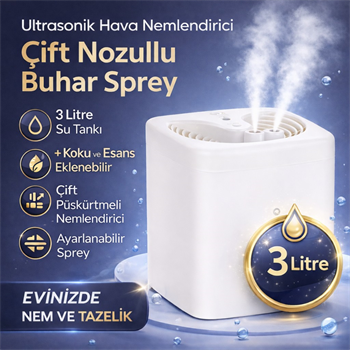 Polham 3 Litre Ultrasonik Hava Nemlendirici, Buhar Makinası Sprey, Koku Eklenebilir Çift Püskürtmeli Nemlendirici
