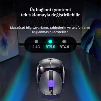 Polham 3 Modlu 300Mah Şarj Edilebilir RGB Işıklı 2400DRI Gaming Mouse, Ultra Sessiz,Gecikmesiz Mouse