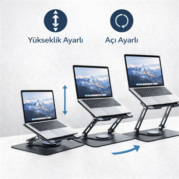 Polham 360 Dönebilen Full Metal Laptop Tablet Telefon Standı – Katlanabilir, Kaydırmaz, Yükseklik ve Açı Ayarlı Ergonomik Masaüstü Stand