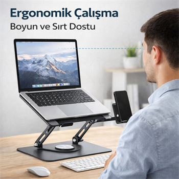 Polham 360 Dönebilen Full Metal Laptop Tablet Telefon Standı – Katlanabilir, Kaydırmaz, Yükseklik ve Açı Ayarlı Ergonomik Masaüstü Stand