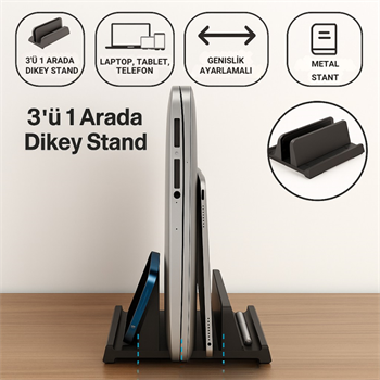 Polham 3in1 Arada Ayarlanabilir Metal Dikey Laptop Standı – Laptop, Tablet ve Telefon Tutucu,Ayarlanabilir Genişlikli