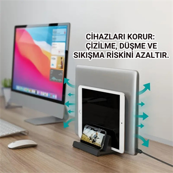 Polham 3in1 Arada Ayarlanabilir Metal Dikey Laptop Standı – Laptop, Tablet ve Telefon Tutucu,Ayarlanabilir Genişlikli