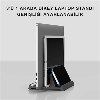 Polham 3in1 Arada Ayarlanabilir Metal Dikey Laptop Standı – Laptop, Tablet ve Telefon Tutucu,Ayarlanabilir Genişlikli