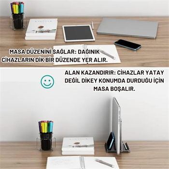 Polham 3in1 Arada Ayarlanabilir Metal Dikey Laptop Standı – Laptop, Tablet ve Telefon Tutucu,Ayarlanabilir Genişlikli