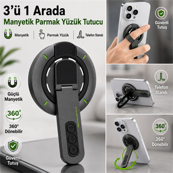 Polham 3in1 Manyetik Telefon Tutucu – 360° Döner Parmak Yüzük ve Ayarlanabilir Telefon Standı, Ful Metal Stand