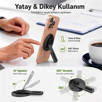 Polham 3in1 Manyetik Telefon Tutucu – 360° Döner Parmak Yüzük ve Ayarlanabilir Telefon Standı, Ful Metal Stand