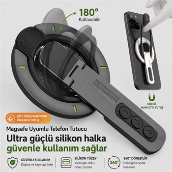 Polham 3in1 Manyetik Telefon Tutucu – 360° Döner Parmak Yüzük ve Ayarlanabilir Telefon Standı, Ful Metal Stand