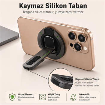 Polham 3in1 Manyetik Telefon Tutucu – 360° Döner Parmak Yüzük ve Ayarlanabilir Telefon Standı, Ful Metal Stand