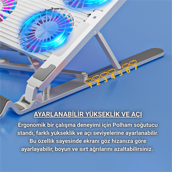 Polham 4 Fanlı RGB Işıklı Laptop Soğutucu Stand, 7 Kademeli Yükseklik Ayarlı Portatif Taşınabilir Stand