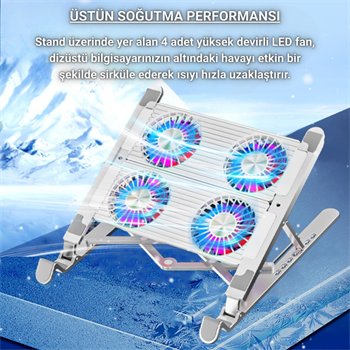 Polham 4 Fanlı RGB Işıklı Laptop Soğutucu Stand, 7 Kademeli Yükseklik Ayarlı Portatif Taşınabilir Stand