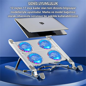 Polham 4 Fanlı RGB Işıklı Laptop Soğutucu Stand, 7 Kademeli Yükseklik Ayarlı Portatif Taşınabilir Stand