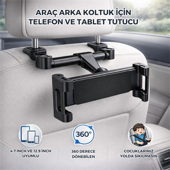 Polham 4.7 İnch ve 12.9 İnch Uyumlu Araç Arka Koltuk İçin Telefon ve Tablet Tutucu, 360 Derece Dönebilen Tablet Tutucu