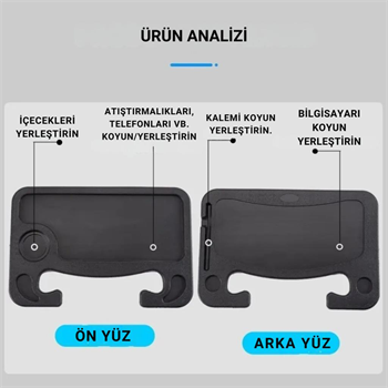 Polham 42x28 CM Tüm Direksiyonlara Uyumlu Araç İçi Direksiyon Masası, Çift Taraflı Yemek ve Çalışma Masası