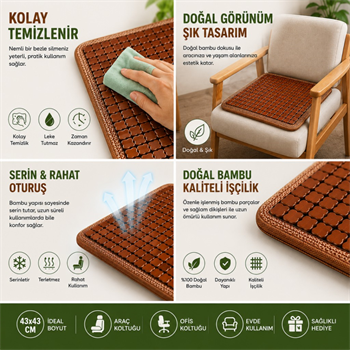 Polham 43x43 CM Terletmez Bambu Koltuk Minderi, Oto Koltuk, Ofis Koltuğu İçin Terlezmez Yapışmaz Minder
