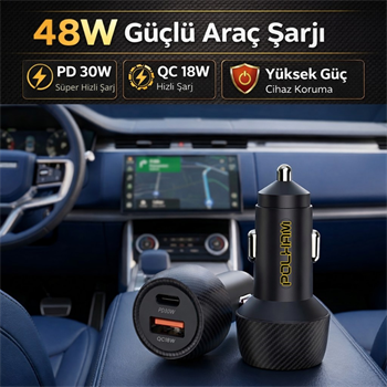Polham 48W Süper Hızlı Type C ve USB Girişli Araç İçi Şarj Cihazı, PD 30W + QC 18W Çift Port 12V/24V