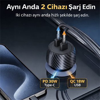 Polham 48W Süper Hızlı Type C ve USB Girişli Araç İçi Şarj Cihazı, PD 30W + QC 18W Çift Port 12V/24V