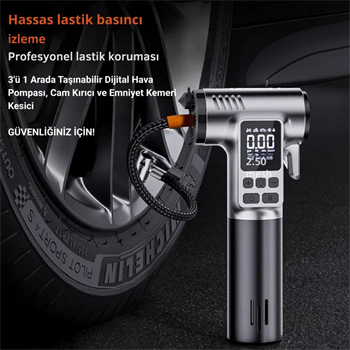 Polham 4in1 150PSİ 4000mAh Şarjlı Araç Lastik Şişirme Pompası, Cam Kırıcı, Kemer Kesici, Led Işıklı,Şarjlı Pompa