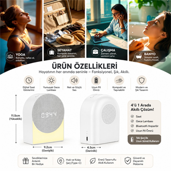 Polham 4in1 Arada Bluetooth Uyku Hoparlörü – Gece Lambası, Dijital Saat, Alarm ve Rahatlatıcı Uyku Sesleri