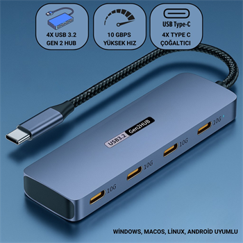 Polham 4in1 USB Type-C 4 Portlu USB 3.2 Gen 2 Hub ,10 Gbps Type C Çoğaltıcı, Tüm Sistemler İle Uyumlu