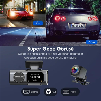 Polham 4K Ön ve Arka Kameralı Araç Kamerası, Wifi, Dahili GPS, G Sensörlü,Gece Görüşlü Araç Kamerası
