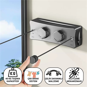 Polham 5.1 Metre Uzayabilir Çift Halatlı Çelik Dayanıklı Çek-Bırak Çamaşır İpi, 40 KG Taşıma Kapasiteli