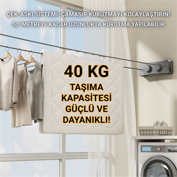 Polham 5.1 Metre Uzayabilir Çift Halatlı Çelik Dayanıklı Çek-Bırak Çamaşır İpi, 40 KG Taşıma Kapasiteli