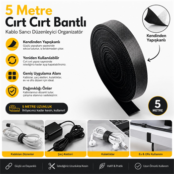 Polham 5 Metre Cırt Cırt Bantlı Kablo Sarıcı Düzenleyici Organizatör – Kesilebilir, Yeniden Kullanılabilir