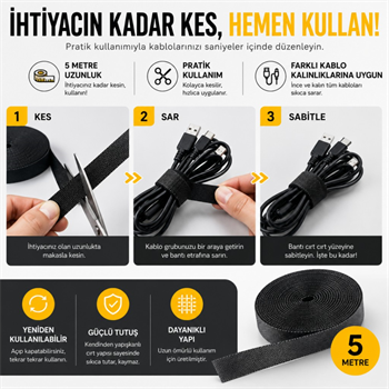 Polham 5 Metre Cırt Cırt Bantlı Kablo Sarıcı Düzenleyici Organizatör – Kesilebilir, Yeniden Kullanılabilir