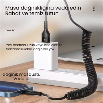 Polham 5A 66W Spiral USB to Type C Şarj ve Data Kablosu,1-1,5 Metre Kısayıp Uzayabilen Elastik Kablo