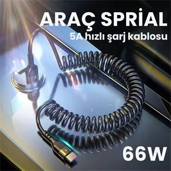 Polham 5A 66W Spiral USB to Type C Şarj ve Data Kablosu,1-1,5 Metre Kısayıp Uzayabilen Elastik Kablo