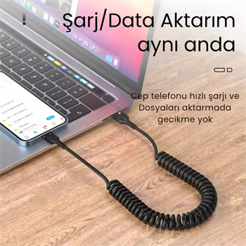 Polham 5A 66W Spiral USB to Type C Şarj ve Data Kablosu,1-1,5 Metre Kısayıp Uzayabilen Elastik Kablo