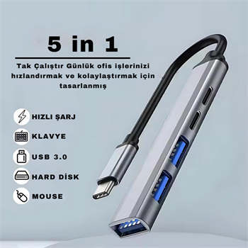 Polham 5in1 Type C To 3x USB, 2x PD Type C Çoğaltıcı Çevirici HUB, Klavye, Mouse,USB Okuyucu Adaptör