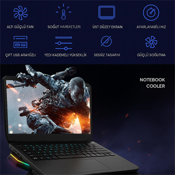 Polham 6 Fanlı RGB Işıklı Dijital Ekranlı Laptop Soğutucu Stand, 7 Kademeli Yükseklik Ayarlı Süper Soğutucu Stand