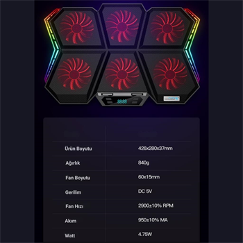 Polham 6 Fanlı RGB Işıklı Dijital Ekranlı Laptop Soğutucu Stand, 7 Kademeli Yükseklik Ayarlı Süper Soğutucu Stand