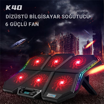 Polham 6 Fanlı RGB Işıklı Dijital Ekranlı Laptop Soğutucu Stand, 7 Kademeli Yükseklik Ayarlı Süper Soğutucu Stand