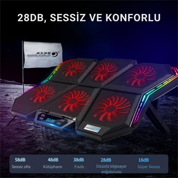 Polham 6 Fanlı RGB Işıklı Dijital Ekranlı Laptop Soğutucu Stand, 7 Kademeli Yükseklik Ayarlı Süper Soğutucu Stand