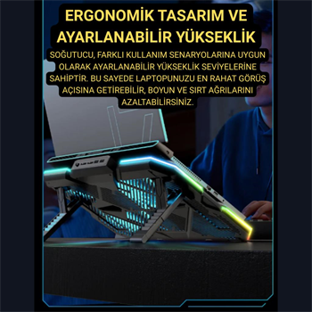 Polham 6 Fanlı RGB Işıklı Laptop Soğutucu Stand, 7 Kademeli Yükseklik Ayarlı 2400RPM Süper Soğutucu Stand