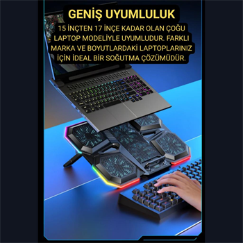 Polham 6 Fanlı RGB Işıklı Laptop Soğutucu Stand, 7 Kademeli Yükseklik Ayarlı 2400RPM Süper Soğutucu Stand