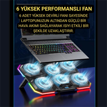Polham 6 Fanlı RGB Işıklı Laptop Soğutucu Stand, 7 Kademeli Yükseklik Ayarlı 2400RPM Süper Soğutucu Stand