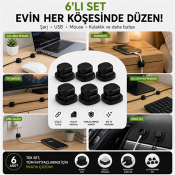 Polham 6’lı Set Klipsli Kablo Tutucu – Yapışkanlı Masaüstü Kablo Düzenleyici, Şarj USB Mouse Kulaklık Kablo Sabitleyici