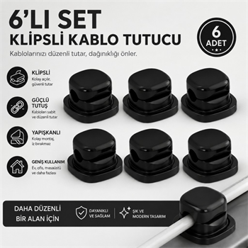 Polham 6’lı Set Klipsli Kablo Tutucu – Yapışkanlı Masaüstü Kablo Düzenleyici, Şarj USB Mouse Kulaklık Kablo Sabitleyici