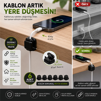Polham 6’lı Set Klipsli Kablo Tutucu – Yapışkanlı Masaüstü Kablo Düzenleyici, Şarj USB Mouse Kulaklık Kablo Sabitleyici