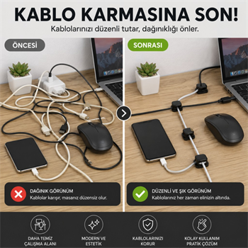 Polham 6’lı Set Klipsli Kablo Tutucu – Yapışkanlı Masaüstü Kablo Düzenleyici, Şarj USB Mouse Kulaklık Kablo Sabitleyici