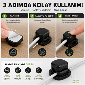 Polham 6’lı Set Klipsli Kablo Tutucu – Yapışkanlı Masaüstü Kablo Düzenleyici, Şarj USB Mouse Kulaklık Kablo Sabitleyici