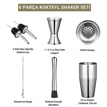 Polham 6 Parça 750ML Paslanmaz Çelik Kokteyl Shaker Seti – Ev ve Bar İçin İdeal, Sızdırmaz kapaklı