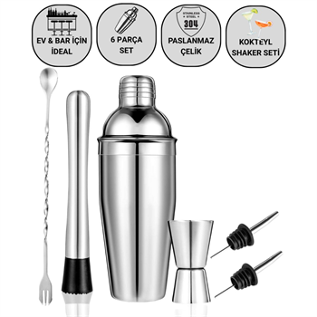 Polham 6 Parça 750ML Paslanmaz Çelik Kokteyl Shaker Seti – Ev ve Bar İçin İdeal, Sızdırmaz kapaklı
