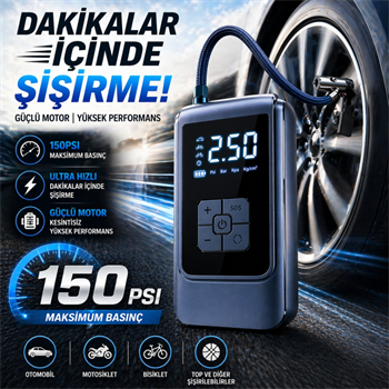 Polham 6000mAh Şarjlı 150PSİ Ultra Hızlı Lastik Şişirme Hava Kompresörü,Araç, Motosiklet, Bisiklet Pompası